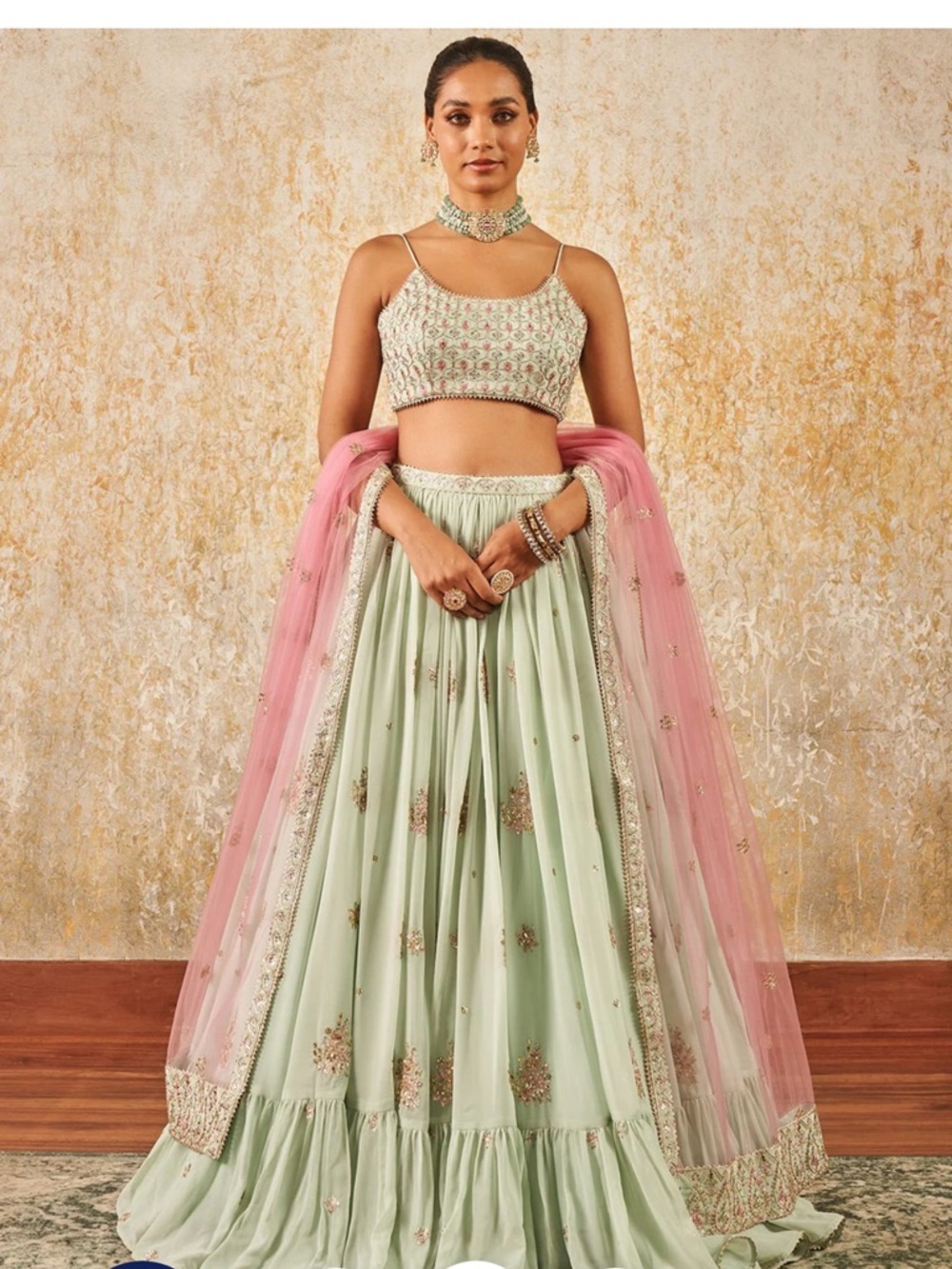Sage Green Embroidered Maxi Skirt with Pink Dupatta